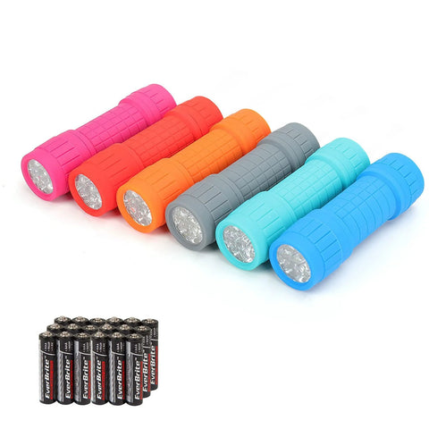 9-LED Flashlight 6-Pack With Lanyards In Assorted Colors, Includes 18 AAA Batteries, Ready To Use Out Of The Box