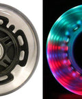 L.E.D. Scooter Wheels with Bearings for Scooters 100mm Light Up 2-Pack (Black) showing front view and illuminated side view