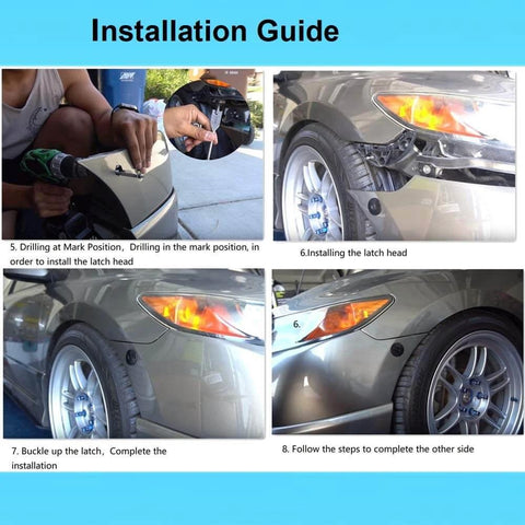 Installation guide for quick release latch license plate lock clip kit on car bumper with aluminum alloy hood pins