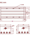 Technical drawing of 200mm Effective Travel Dual Optical Axis Manual Sliding Table with SFU1605 Ball Screw and Linear Rail Guide dimensions
