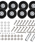 Set of 8 Luggage Suitcase Replacement Wheels, 50 x 18mm PU Caster Wheels Bearings Repair Kits with hardware components displayed.