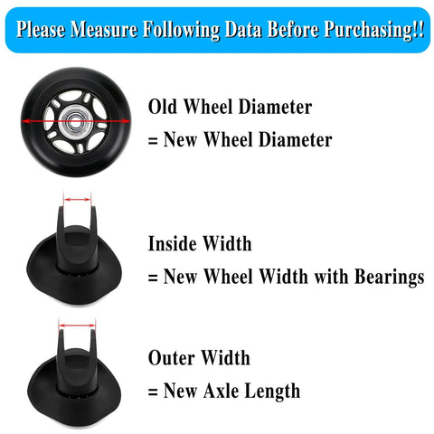 Diagram showing measurements for replacing 75 x 24mm luggage suitcase replacement wheels, rubber swivel caster wheels bearings repair kits, set of 2.