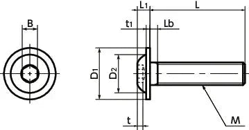 Technical diagram of ✝️ SFB-M5-10-EL NBK Electroless Nickel plating Socket Button Head Cap Screws - Flange dimensions shown
