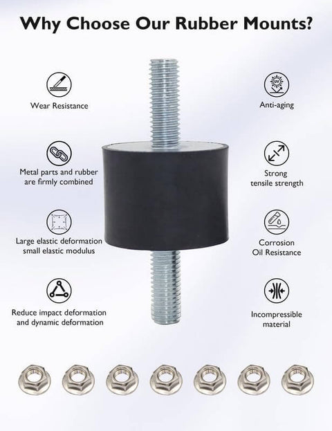 Experience quiet operation and protected equipment with these M6 rubber vibration isolator mounts double stud, anti vibration silent blocks ideal for cars, boats, motors, compressors and pumps, includes 4 mounts and 8 locking nuts.