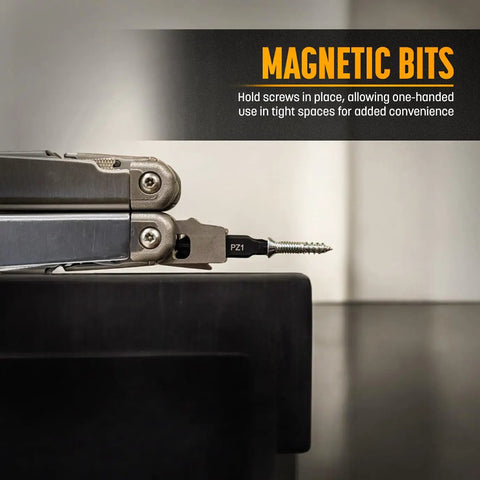 Close-up of 21-piece Galvanox flat bit set for Leatherman multitools showing magnetic slot bit attached, black sheath holder visible.