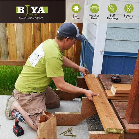 Person using 1/4 x 2-1/4 Inch Structural Screws, Heavy Duty Construction Lag Screw Alternative on outdoor wood project