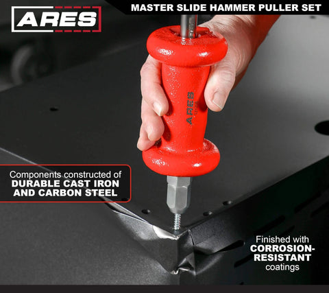 Hand using Master Slide Hammer Puller Set – 10-Way Slide Hammer Puller Set Includes 3-Piece Rear Axle Bearing Puller Kit on metal surface