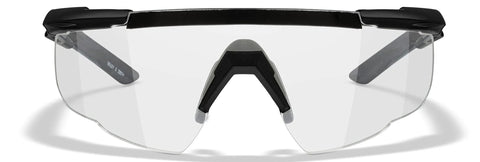 Front view of matte black frames shooting glasses with ANSI Z87 safety and changeable lenses, featuring clear ballistic lenses.