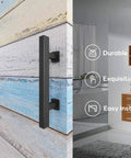12 inch sliding barn door handles and pulls double sided hardware set, heavy duty solid steel, installed on rustic wood door