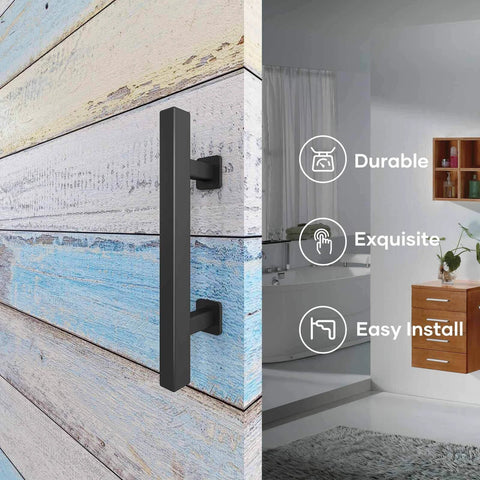 12 inch sliding barn door handles and pulls double sided hardware set, heavy duty solid steel, installed on rustic wood door