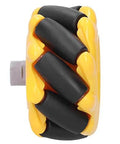 Close-up of Eujgoov Mecanum Wheel, 48mm -Directional Wheel with yellow and black rollers for smart robot car accessories. Side view.