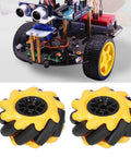 Mecanum Wheel 60mm, OmniDirectional Smart Robot Car Parts with yellow and black design, shown with robot car base.