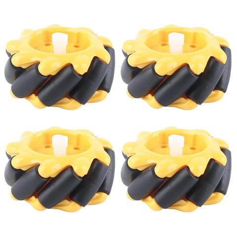 Yellow and black 60mm Mecanum Wheel set for omnidirectional smart robot car parts, featuring durable materials, ideal for DIY projects.