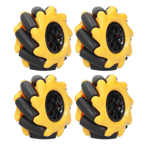 Four yellow and black Mecanum Wheels for DIY Smart Car Accessories