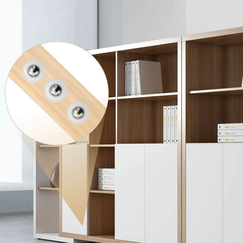 Close-up of 20 Pack Mini Ball Transfer Bearings 1/3 Inch White Nylon Units with Stainless Steel Ball mounted on wooden shelf.
