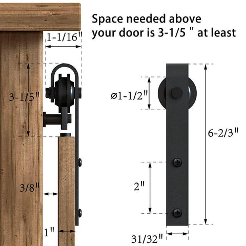 Diagram showing installation dimensions for 2.5FT Super Mini Sliding Barn Door Cabinet Hardware Kit for Single Door TV Stands.