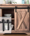 6.6FT Super Mini Sliding Barn Door Cabinet Hardware Kit installed on wooden cabinet with I Shape Hanger Carbon Steel Frosted Black Finish
