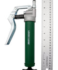 Mini Grease Gun Kit with patented grease coupler, 12-inch hose, in-line hose swivel, and ruler for size reference.