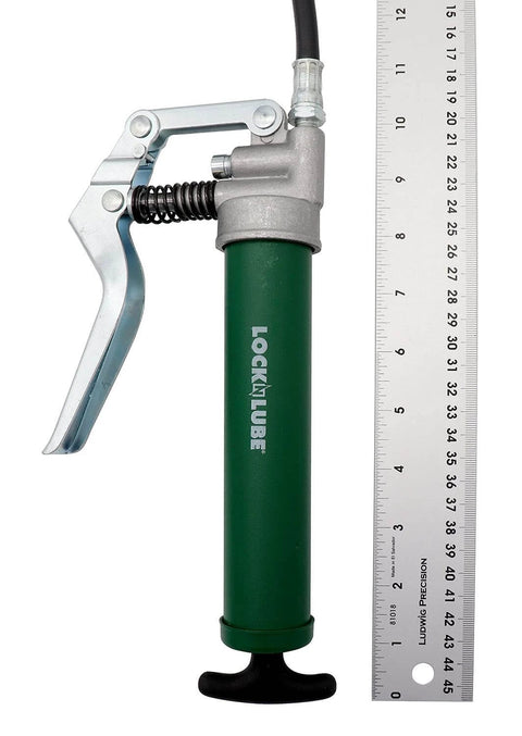 Mini Grease Gun Kit with patented grease coupler, 12-inch hose, in-line hose swivel, and ruler for size reference.