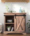 Wooden cabinet with 6.6FT Super Mini Sliding Barn Door Cabinet Hardware Kit for Single Door in frosted black finish, under shelf with glassware.
