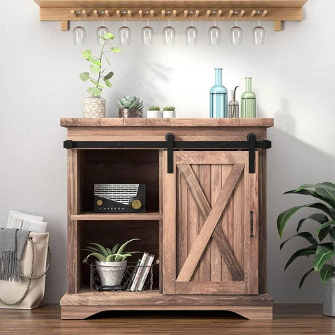 Wooden cabinet with 6.6FT Super Mini Sliding Barn Door Cabinet Hardware Kit for Single Door in frosted black finish, under shelf with glassware.