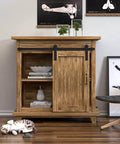 2.5FT Super Mini Sliding Barn Door Hardware Kit on small wooden cabinet, I Shape Hanger Design, installed in living room setup