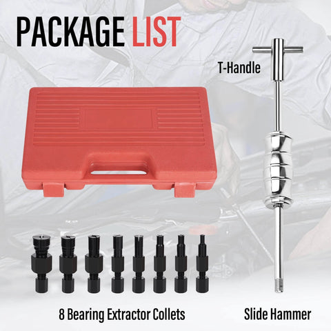 Motorcycle Blind Inner Bearing Puller Tool Kit with 8-32mm collets, slide hammer, T-handle, and carrying case, 9 pcs extractor kit