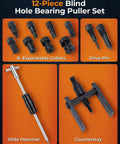 12pcs Motorcycle Blind Hole Collet Bearing Puller Set with Slide Hammer, Expandable Collets, Drive Pin, and Counterstay displayed.