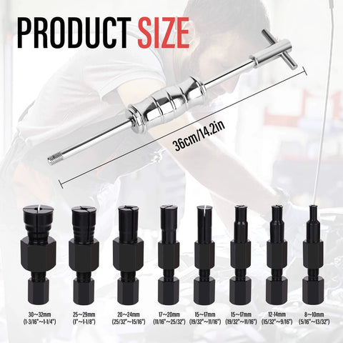Motorcycle Blind Inner Bearing Puller Tool Kit with slide hammer and 8-32mm collets, showing product size and components.