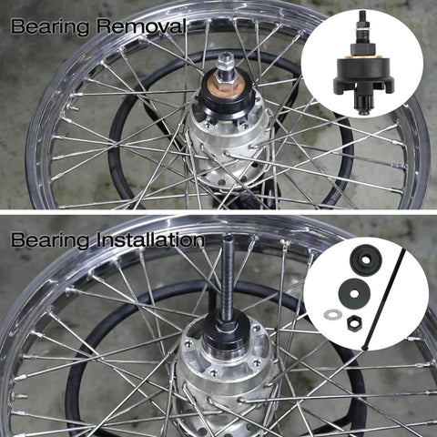 Wheel Bearing Puller Removal Motorcycle Tool Kit for Harley Davidson, displayed in bearing removal and installation process on wheels