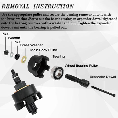 Exploded view of a Wheel Bearing Puller Removal Motorcycle Tool Kit for Harley Davidson with labeled parts and instructions.