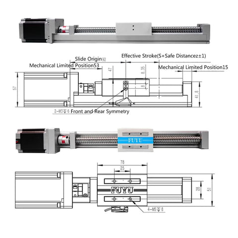 Diagram of motorized CNC linear stage with ball screw and linear guide module, showing Nema 23 stepper motor and 700mm stroke details.