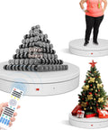 19.7 Inch Motorized Electric Turntable displaying heavy weights, person, and Christmas tree, featuring remote control, for photography and display.