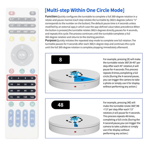 Remote control and features of 19.7 Inch Motorized Electric Turntable, Large Heavy Duty Rotating Platform with Remote Control, Dual Motor Drive for Photography, 3D Scanning and Display.