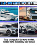 Collage of a yacht, truck, SUV, and sports car highlighting multi-scenario applications for vehicles.