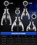 Gear Puller Set, 3" 4" 6" 8" Bearing Puller Kit with reversible jaws, 24pc 2 Jaw & 3 Jaw tools displayed with specifications chart