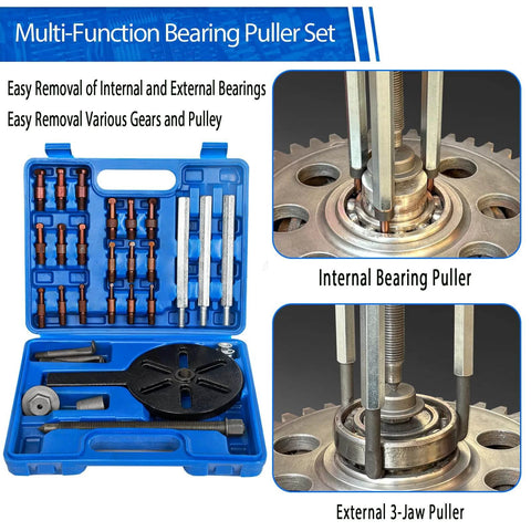 21 in1 Bearing Puller, Bearing Puller Set with Inner Hole Three-Jaw Puller, Curved Hook, Red Steel Collet, Storage Case Blue