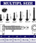 Illustration of multiple sizes of screws including 100pcs 410 Stainless Steel #8x1-1/4 Hex Washer Head Self Drilling Screws and dimensions.