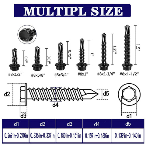 Various sizes of 410 Stainless Steel Hex Washer Head Self Drilling Screws with dimensions, black oxide finish.