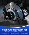 Close-up of brake rotor and wheel hub with 9-Way Slide Hammer Puller Set, Front Wheel Hub Bearing Remover & Rear Wheel Axle Hub Dent Shaft Puller Tool Kit