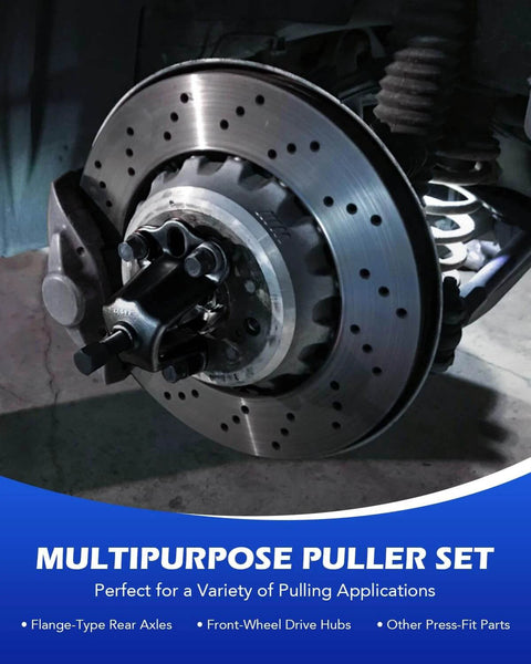 Close-up of brake rotor and wheel hub with 9-Way Slide Hammer Puller Set, Front Wheel Hub Bearing Remover & Rear Wheel Axle Hub Dent Shaft Puller Tool Kit