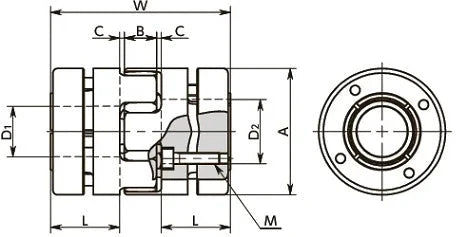 Technical diagram of NBK Japan MJB-40-ERD 11mm to 15mm Jaw-type Flexible Coupling with dimensions labeled.