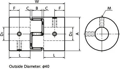 Diagram of NBK Japan MJS-40CS-ERD 11mm to 20mm Jaw-type Flexible Coupling dimensions and measurements.