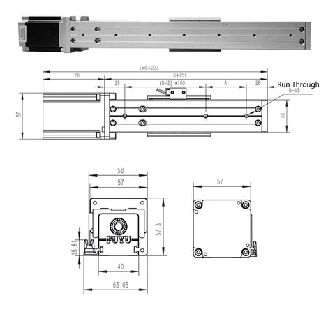 Diagram of Motorized CNC Linear Stage with ball screw and linear guide module, Nema 23 stepper motor, 700mm stroke, high precision system.
