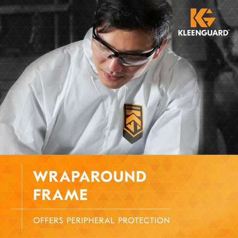Person wearing V30 Nemesis Safety Glasses Clear Lenses Black Frame Unisex Eyewear, protective clothing with KleenGuard branding.