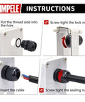 Installation steps for Waterproof NPT Cable Gland Kit 20 Pack with gaskets, adjustable fittings shown with panel installation.