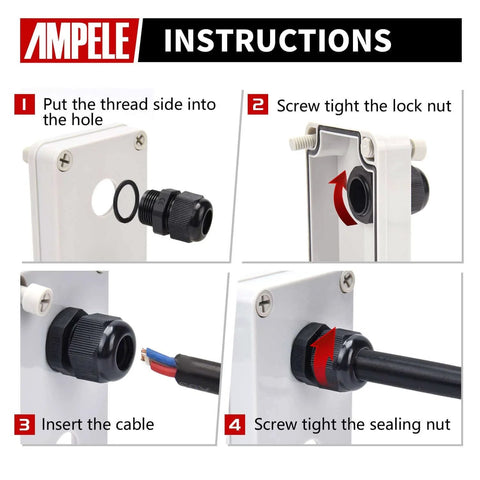Installation steps for Waterproof NPT Cable Gland Kit 20 Pack with gaskets, adjustable fittings shown with panel installation.