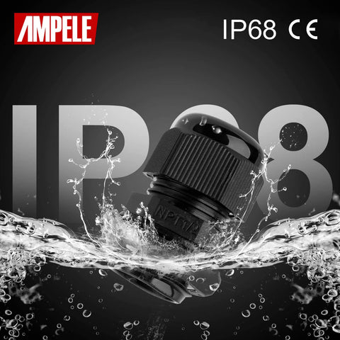 Waterproof NPT Cable Gland Kit 20 Pack With Gaskets, Adjustable Fittings, IP68 certified, shown with splash effect in black finish.