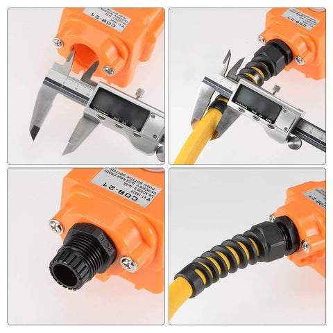 PG7 Cable Gland Waterproof IP68 Nylon Joint with Strain Relief on orange enclosure, measuring tool showing 4.5-7.8mm wire compatibility