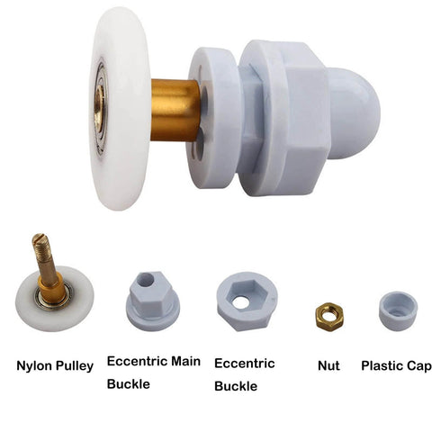 4PCS 27mm shower door rollers replacement with copper rod pulley, nylon runners, and stainless steel components shown disassembled